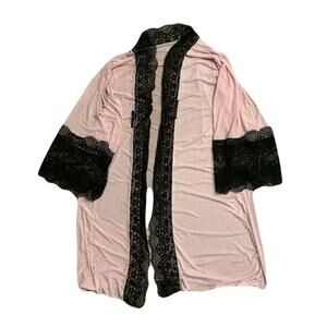 Blush Pink & Black Lace Kimono Cardigan Sheer Lightweight Boho Cover Up Romantic